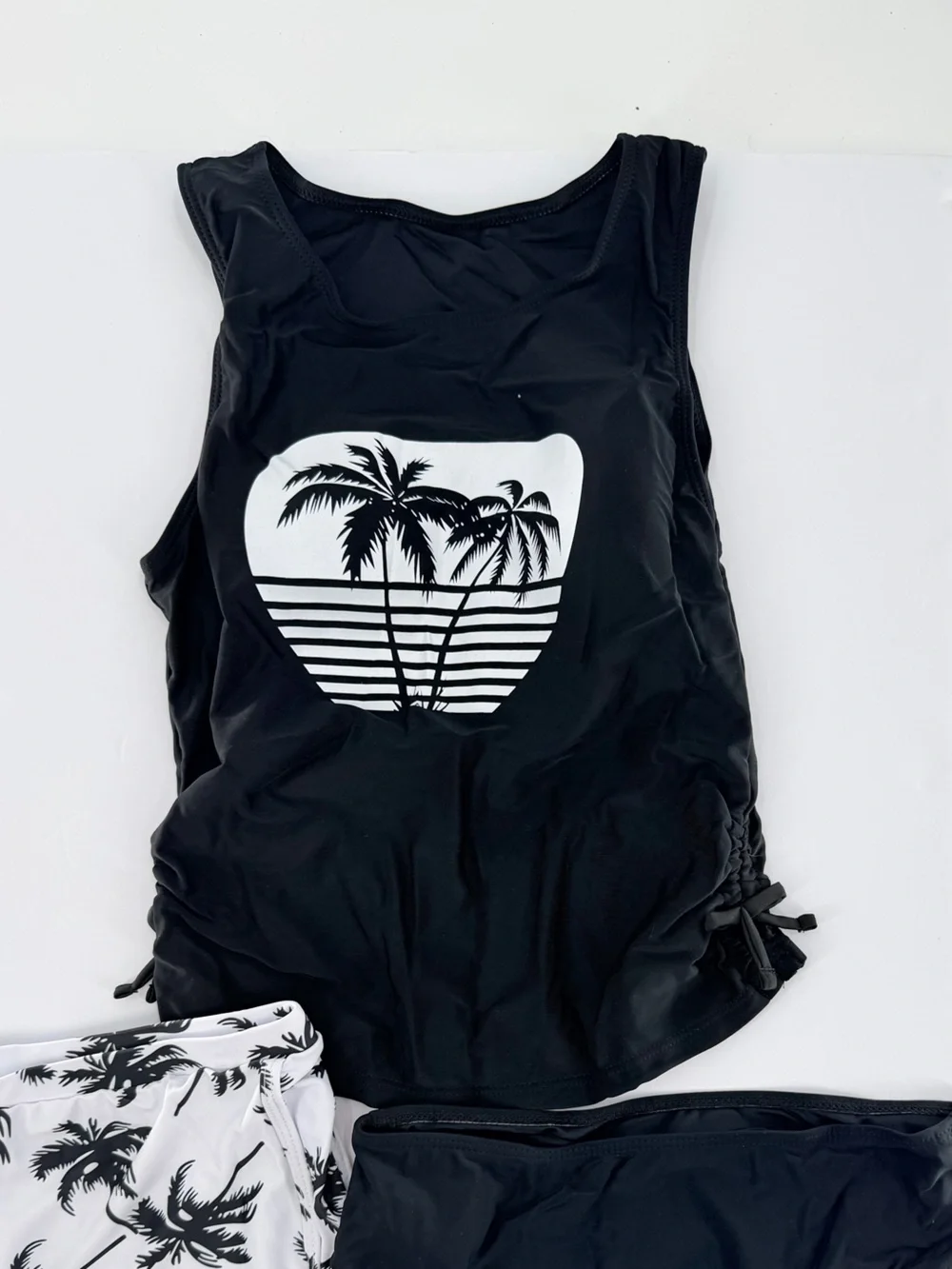 SHEIN Teen 15Y 3-Piece Tankini Swimsuit Set Black Palm Tree Tank, Shorts, Bottom